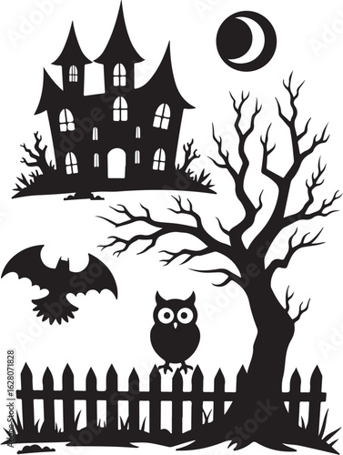 Spooky haunted house, bat, owl, and moon create Halloween magic