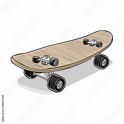 Detailed illustration of a classic skateboard emphasizing its design and construction