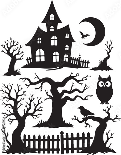 Spooky Halloween scene with haunted house, bare trees, and owl