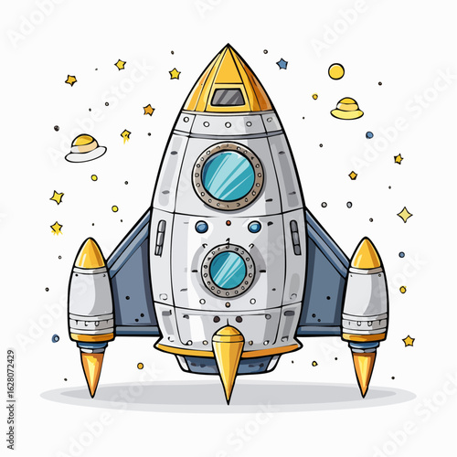 Whimsical rocket ship soaring through space amidst stars and flying saucers artful design