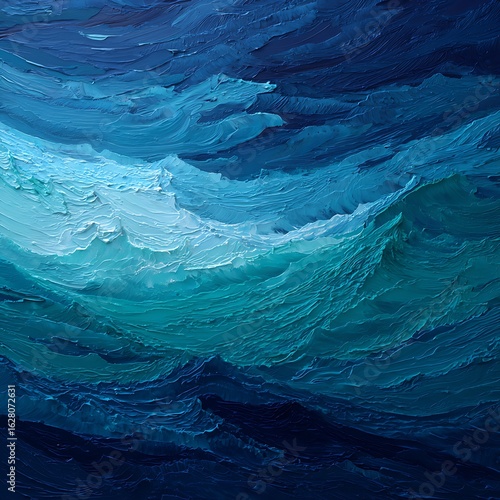 Abstract blue and teal ocean waves textured painting