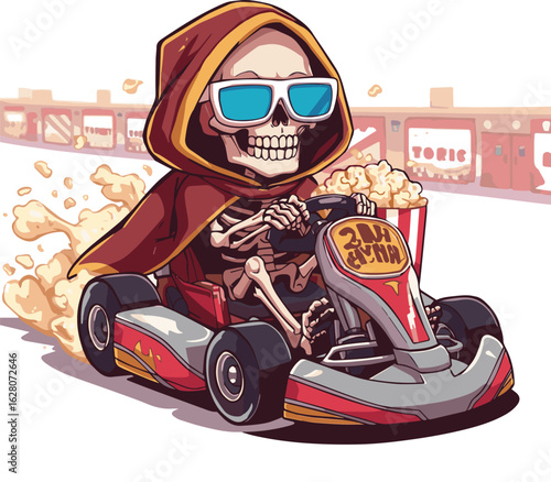 A smiling skeleton in a purple hood and 3D glasses rides a white go-kart while holding a large bucket of popcorn, blending spooky and fun in a quirky cartoon style.