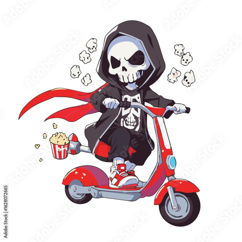 A smiling skeleton in a purple hood and 3D glasses rides a white go-kart while holding a large bucket of popcorn, blending spooky and fun in a quirky cartoon style.