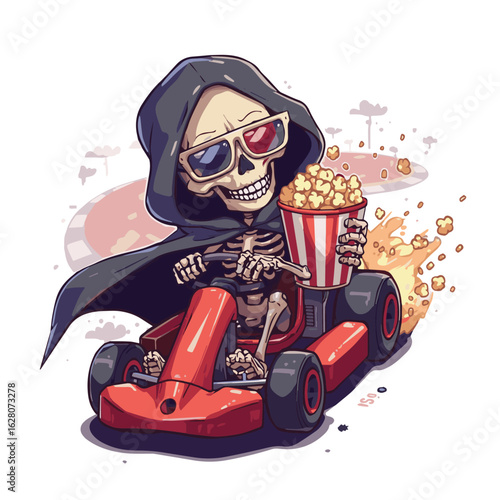 A smiling skeleton in a purple hood and 3D glasses rides a white go-kart while holding a large bucket of popcorn, blending spooky and fun in a quirky cartoon style.