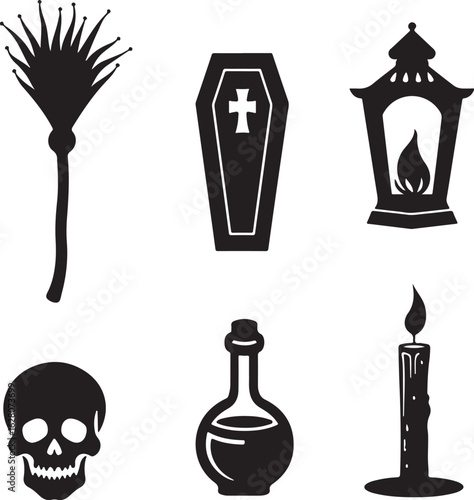 Spooky Halloween icons: skull, coffin, potion, candle, broom