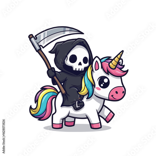 A cute Grim Reaper in a black hood holds a scythe while riding a happy, colorful unicorn with a rainbow mane, blending dark and magical themes in a playful cartoon style.