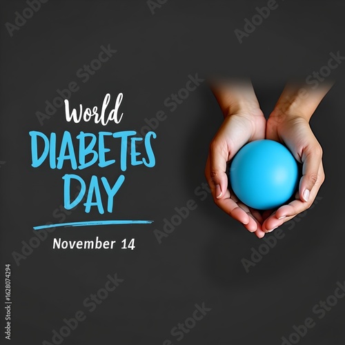 World diabetes day with hands holding a blue sphere on a dark background