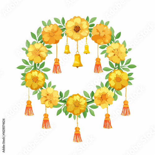 Festive floral garland arrangement with marigolds and dangling golden bells for decoration