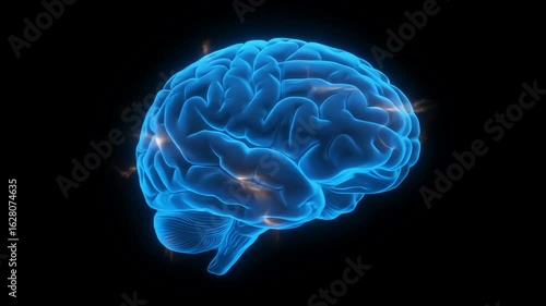 3D Neon blue glowing human brain on black background  