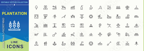 Plantation line icon set. Outline icons collection. Pictogram and infographic. Plant linear icon collection. Included farm, gardening, farmland, farming, vegetable, nature and more.