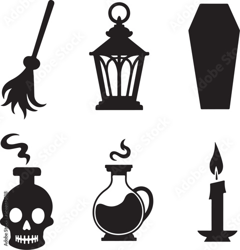 Spooky Halloween icons: broom, lantern, coffin, skull potion, and candle