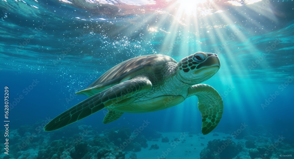Fototapeta premium Majestic Sea Turtle Gracefully Swimming in Sunlit Ocean Depths