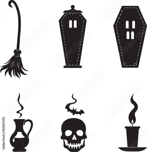 Spooky Halloween icons: broom, coffins, skull, candle, potion