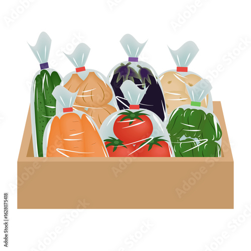 木箱に入った袋詰めの野菜