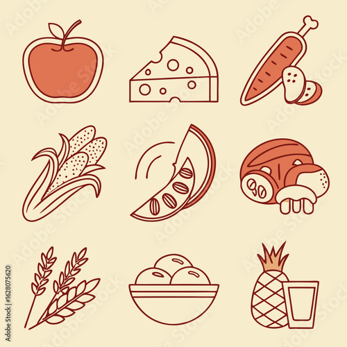 Illustration showcasing a variety of food items including fruits vegetables and dairy products displayed nicely