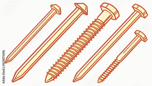 Collection of  nails and screws;  vintage illustration,  construction hardware, DIY project,  industrial design,  vector graphic.