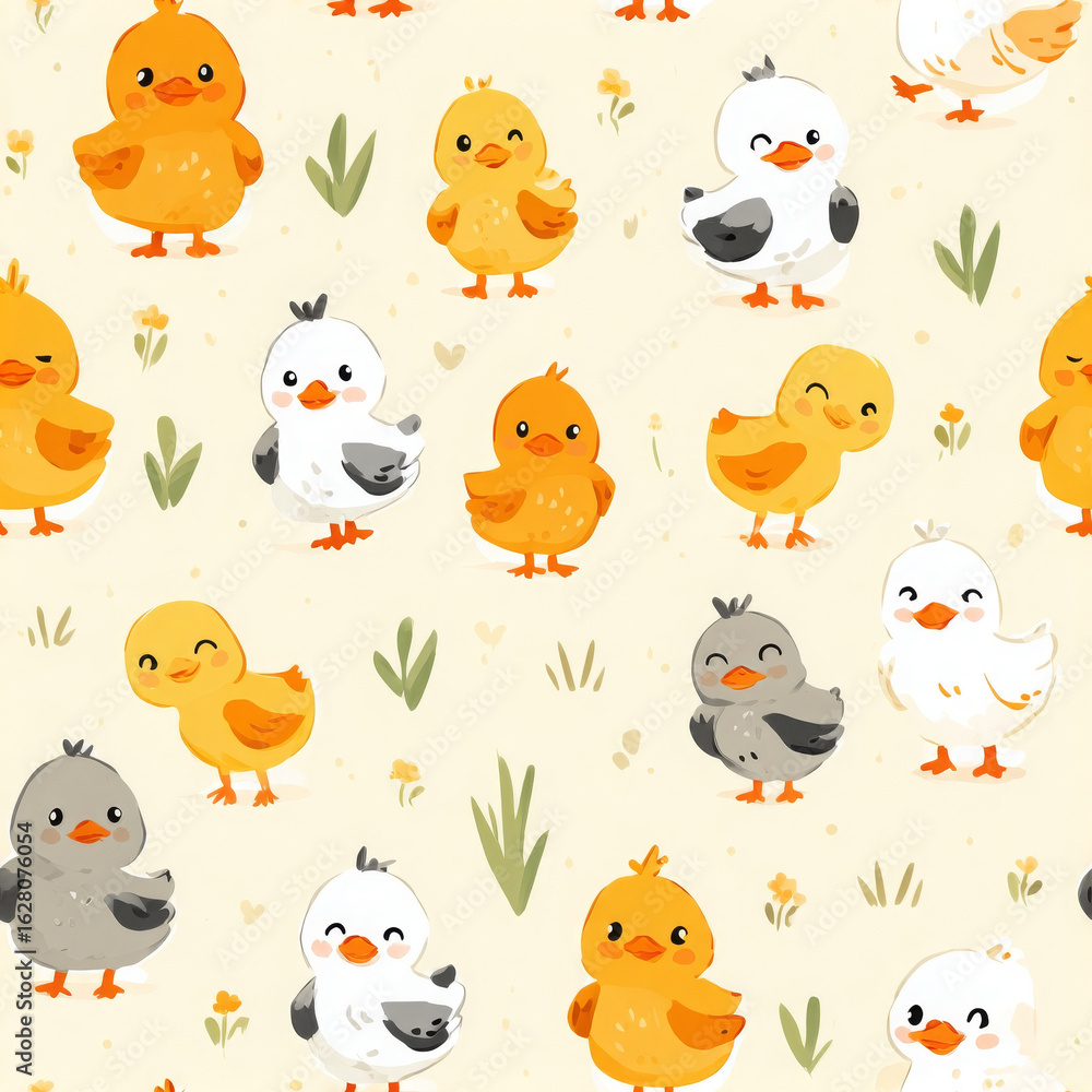 Naklejka premium Cute duck pattern joyfully adorns soft yellow background, cheerful design