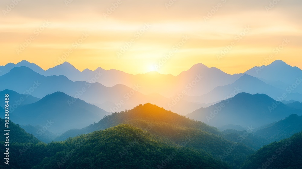 Obraz premium A breathtaking landscape featuring layered mountains under a golden sunrise, ideal for themes of nature, tranquility, or adventure, Perfect for travel blogs, environmental campaigns