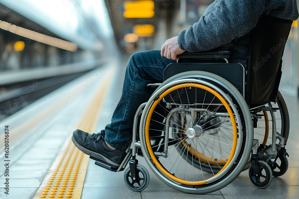 Obraz premium Wheelchair user waiting at a train station with accessibility features, showcasing accessible transportation and inclusive design for travelers.
