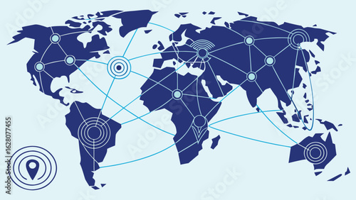 World map displaying global network connections and location pin icon in the bottom left corner region