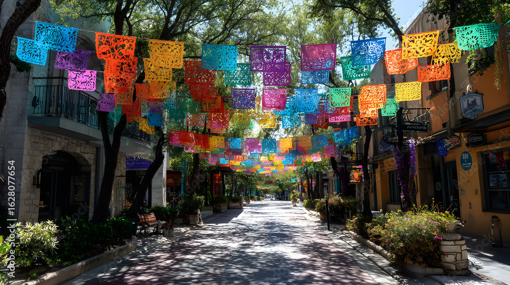 Fototapeta premium colorful papel picado decorations adorn the streets of san antonio during festive season, adding to the traditional mexican fiesta atmosphere fiestavibes