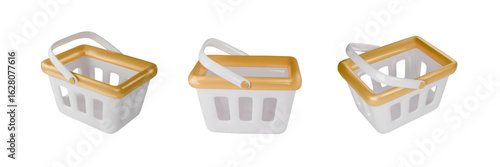 Collection of white and gold realistic shopping carts isolated on white background. Empty shopping basket. Sale icon. Store cart. Vector illustration