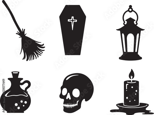 Spooky Halloween icons: broom, coffin, lantern, skull, candle