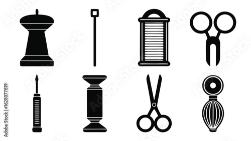 Collection of eight minimalist black silhouette icons: tools, scissors, and vintage perfume atomizer.