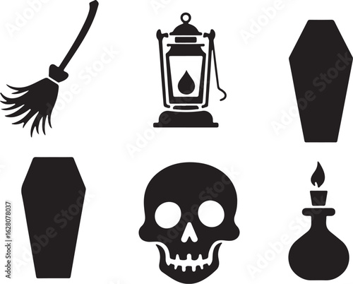 Spooky Halloween icons: skull, coffin, broom, lantern, candle