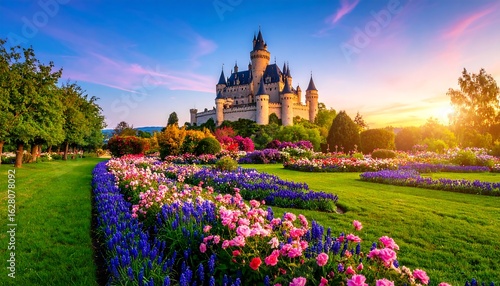 Fototapeta Naklejka Na Ścianę i Meble -  Enchanting castle nestled among vibrant flower gardens at sunset creating magical ambiance