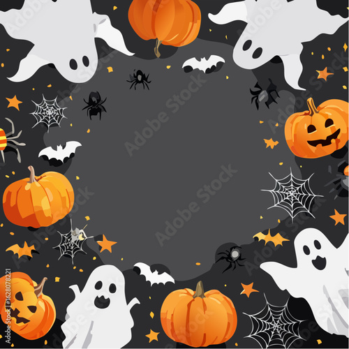 Halloween flat lay with paper ghosts, bats, spiders, and pumpkins on black. Frame of spooky handmade decorations 