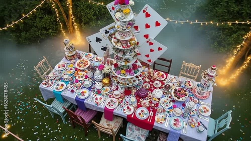 Wallpaper Mural Overhead drone shot of a colorful, messy tea party setup with glittering lights and swirling fog, eccentric centerpiece with cards. Torontodigital.ca