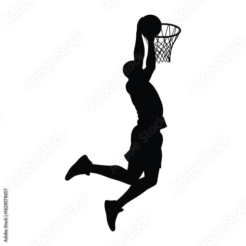 Silhouette of a basketball player performing a slam dunk, isolated on white background, capturing the dynamic action and athleticism of the sport