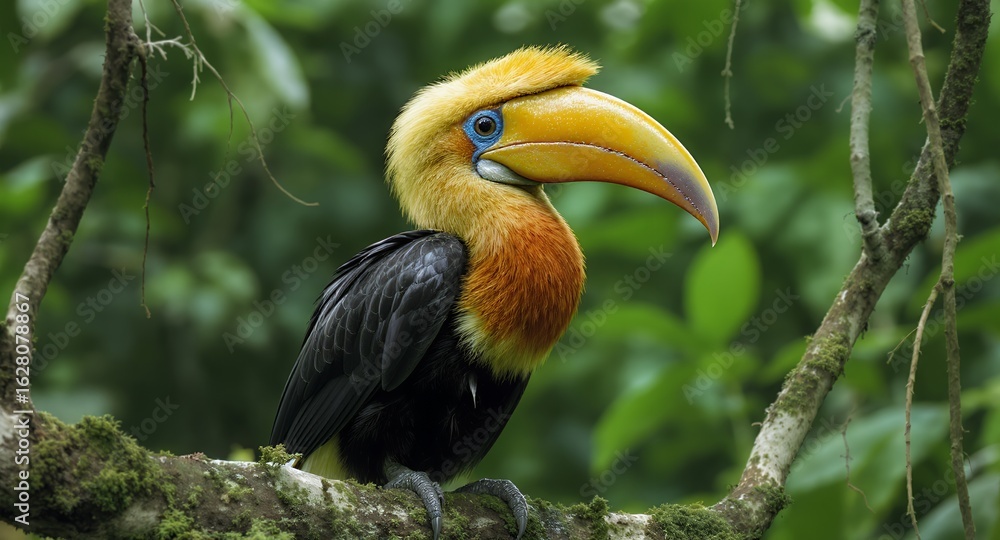Rufous Hornbill Perched on Mossy Branch in Lush Rainforest Environment Rufous Hornbill Perched on Mossy Branch in Lush Rainforest Environment