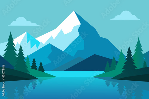 Serene mountain landscape with a calm lake and evergreen trees