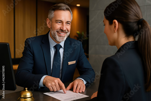 Reception and Service: A hotel receptionist assisting a guest, emphasizing hospitality and customer care in a clean, modern setting.