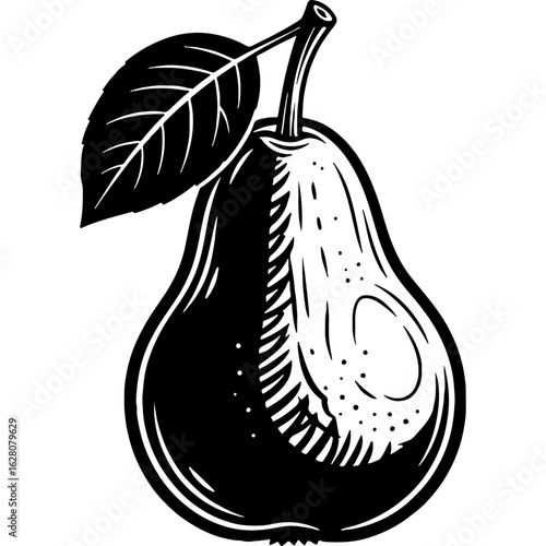 Retro Woodcut Pear Illustration, Black and White Fruit Engraving with Leaf, Vintage Style Food Graphic for Thanksgiving & Harvest
