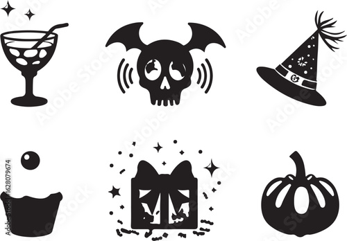 Fun Halloween icons: spooky skull, witch hat, pumpkin, cupcake