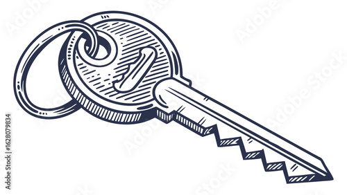 Illustration of a vintage style key with a circular head and jagged edge, attached to a keyring loop