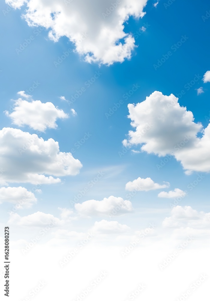 Fototapeta premium Serene Blue Sky with Fluffy White Clouds; Peaceful, Bright, Summer Day Background