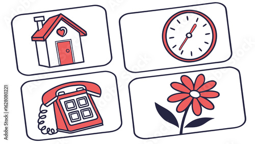 Illustration featuring a house with a heart, a clock, a telephone, and a flower arranged on a white background
