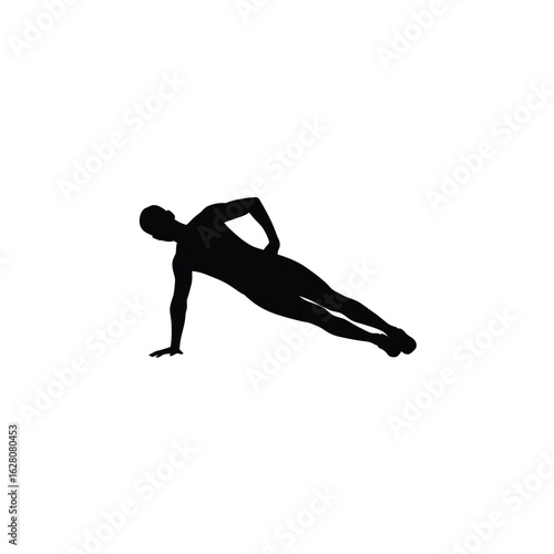 Silhouette of a man doing a side plank exercise, isolated on white background, showcasing core strength, balance, and fitness for a healthy and active lifestyle