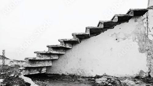 Abstract black and white stairs lead nowhere on a distressed wall. The worn concrete steps evoke feelings of decay and abandonment.