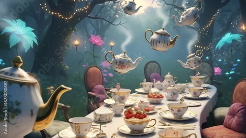 A magical tea party in an enchanted garden with mismatched ornate chairs, whimsical fine china, floating teapots, and fairy lights in soft twilight.