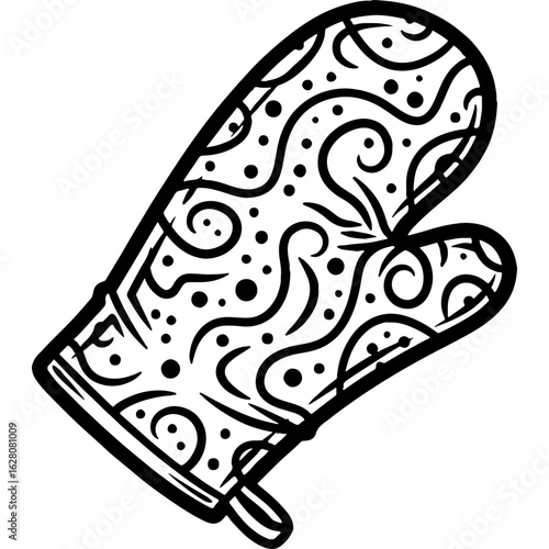 Black and white decorative oven mitt illustration. Patterned kitchen glove graphic asset for cooking, baking, and Thanksgiving holiday designs.