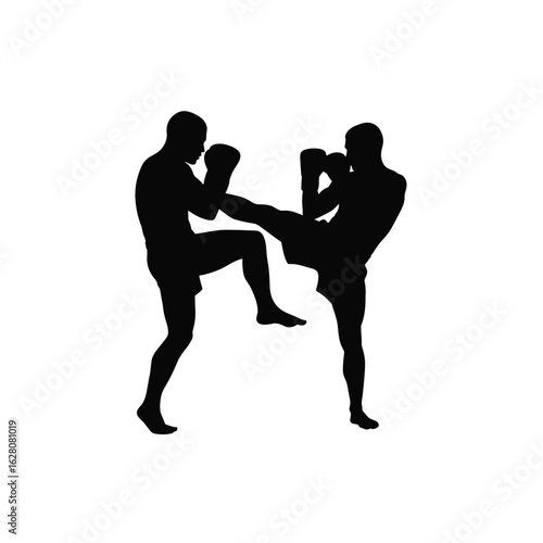 Silhouette of two muay thai fighters in action, demonstrating combat sports techniques, isolated on white background, showcasing martial arts and fitness