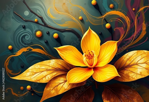 Opulent pink blossom, gilded leaves, abstract oil swirls, painting, dramatic