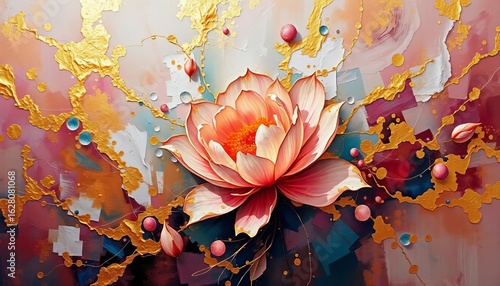 Opulent pink bloom, gold-leafed, abstract oil painting background, pink rose, painting