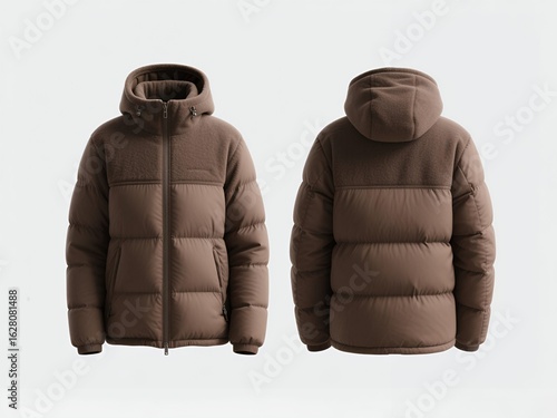 Warm brown puffer jacket with Hoodie front back view