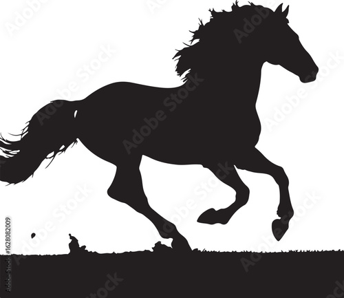 Black horse galloping across grassy field silhouette